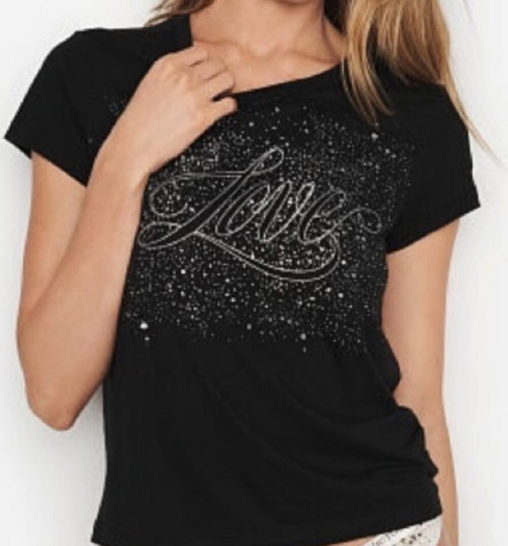 Victoria's Secret Top Womens Love Glitter Graphic Tee Size Medium Tshirt(807)